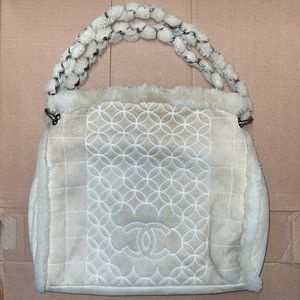 Chanel Quilted Cream Shearling Chain Tote